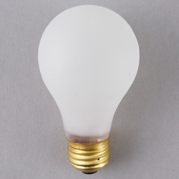 A Satco rough service incandescent light bulb with a white cover and gold base.