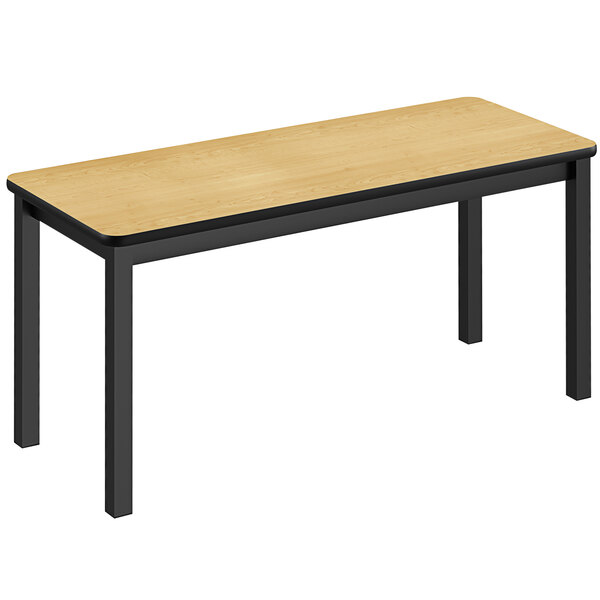 A Correll library table with a black frame and black legs and a wood top.