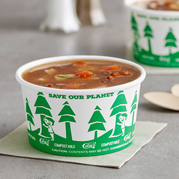 Two EcoChoice compostable paper food cups with a tree design.