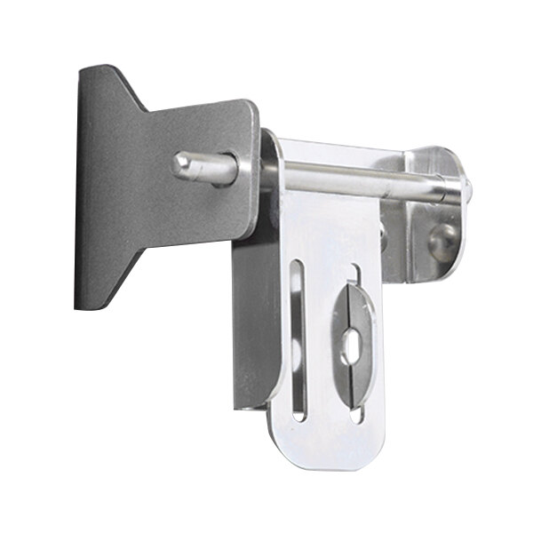 A close-up of a silver metal Metro Travel Latch with a long handle.