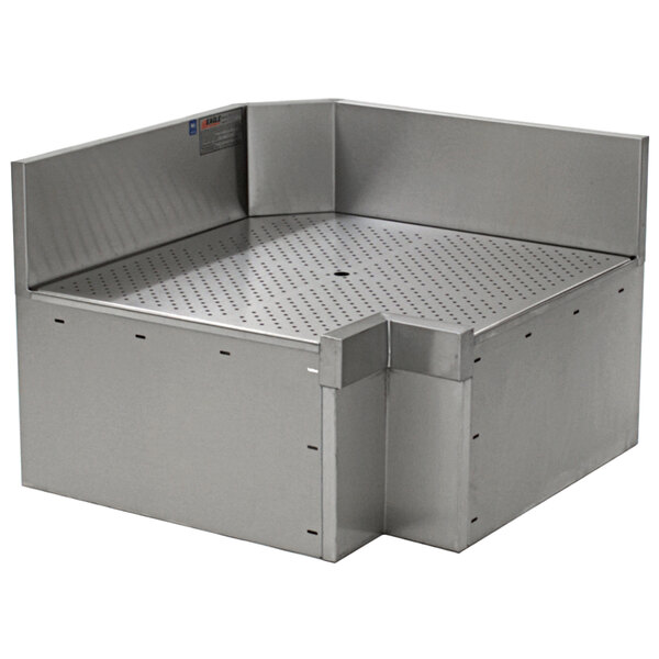 A stainless steel Eagle Group full inner corner workboard with a drain in a metal corner.