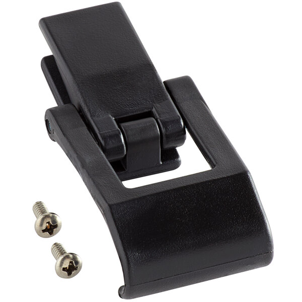 A black plastic latch with screws for a Choice front loading food pan carrier.