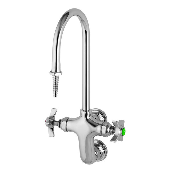 A silver T&S wall mount laboratory faucet with 4-arm handles and green inserts.