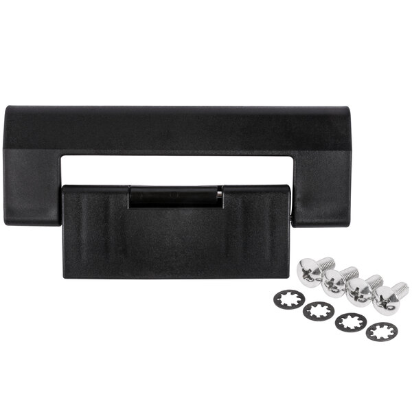A black plastic rectangular handle with screws and nuts.