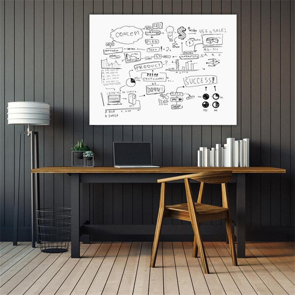 A white rectangular wall-mounted magnetic glass presentation board with a drawing of a desk and chair.