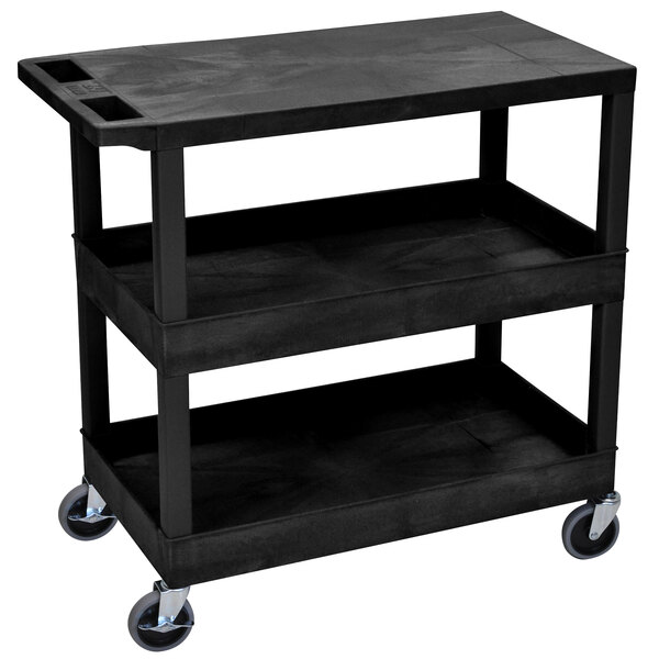 A black plastic Luxor utility cart with wheels.