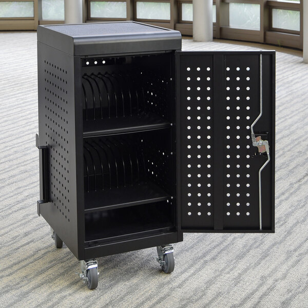 A black metal cart with a door open containing a Luxor LLTM24-B tablet charging station.