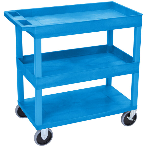 A blue Luxor utility cart with two tub shelves and one flat shelf and wheels.