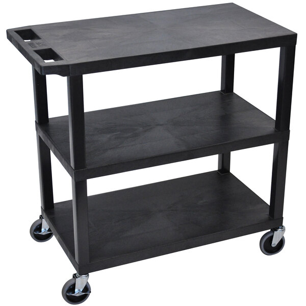 A Luxor black plastic utility cart with three flat shelves and wheels.
