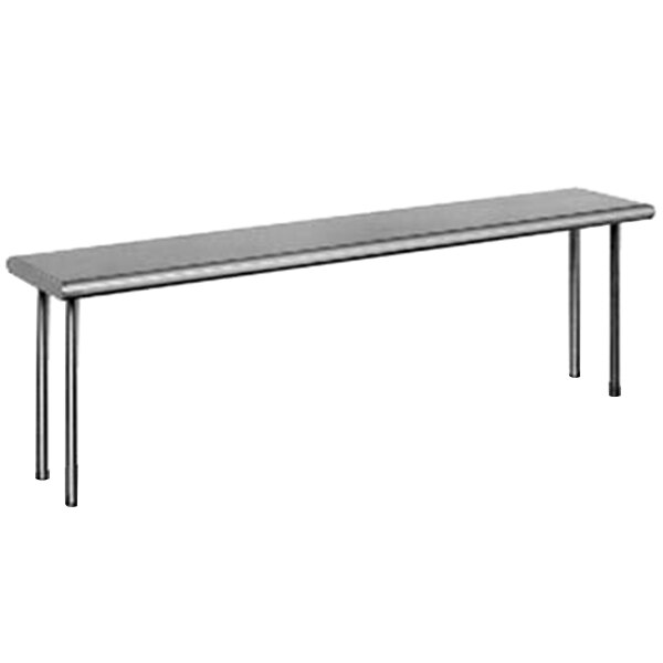 A long stainless steel table mounted shelf.