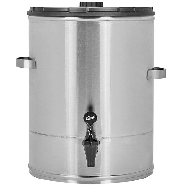 A silver metal container with a black handle and lid.
