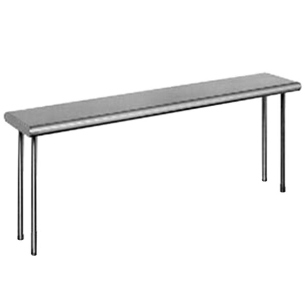A long stainless steel table mounted overshelf.
