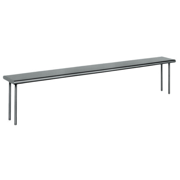 A long rectangular stainless steel table mounted shelf.