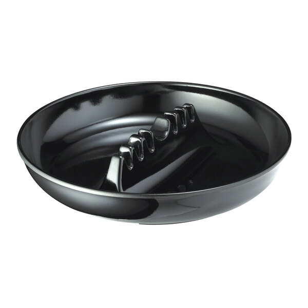 A black plastic Tablecraft ashtray with a bowl and a handle.