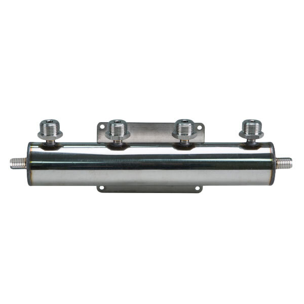 A silver rectangular Micro Matic beer manifold with screws.
