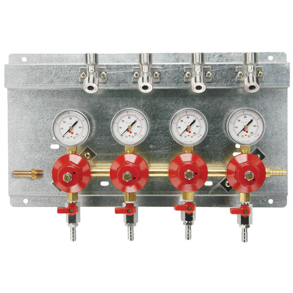 A Micro Matic Quadruple CO2 regulator panel with four gauges and a red valve.