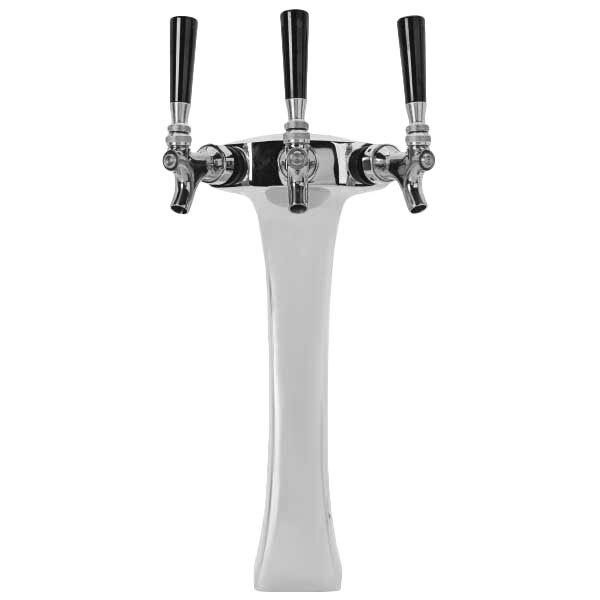 A silver Micro Matic beer tap with three black spouts.