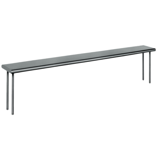A long rectangular stainless steel shelf with legs on a table.