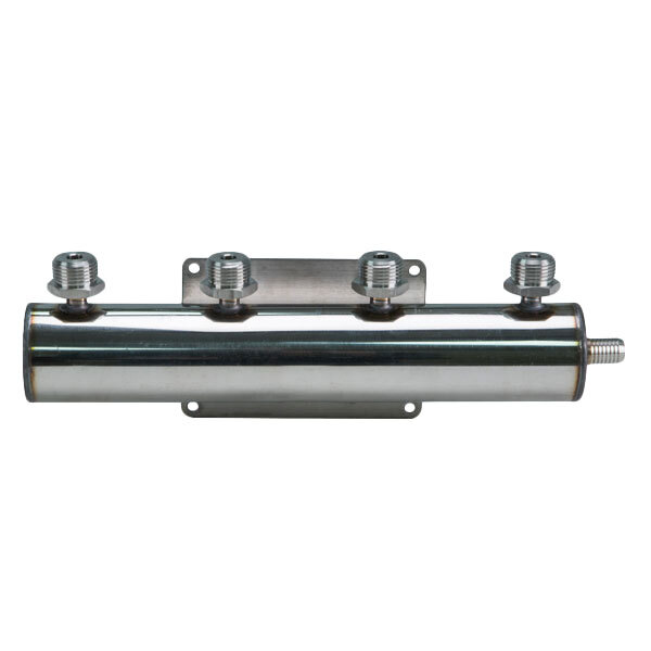 A silver metal Micro Matic 4-way beer manifold with screws.