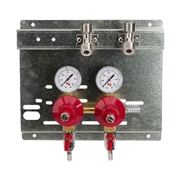 A metal panel with two Micro Matic pressure gauges.