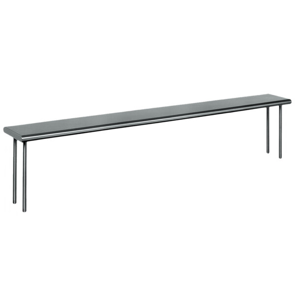 A long rectangular stainless steel table mounted overshelf.