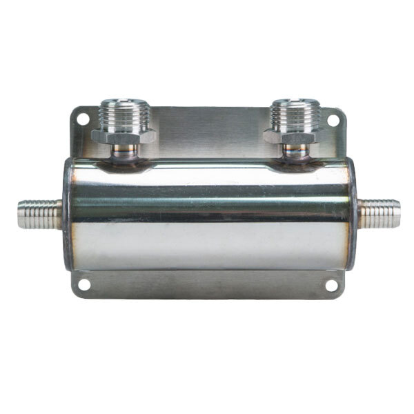 A Micro Matic 2-way stainless steel beer manifold with barbed inlets and screws.