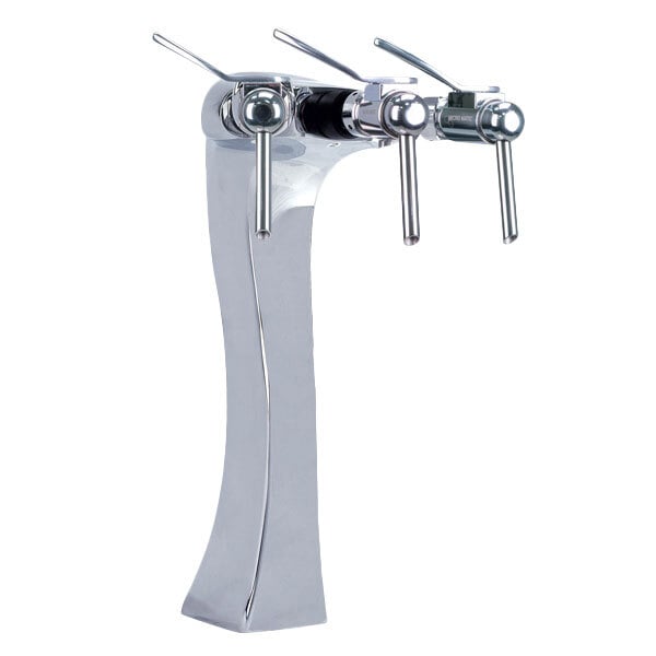 A chrome Micro Matic Maxi Panther wine tower faucet with three levers.