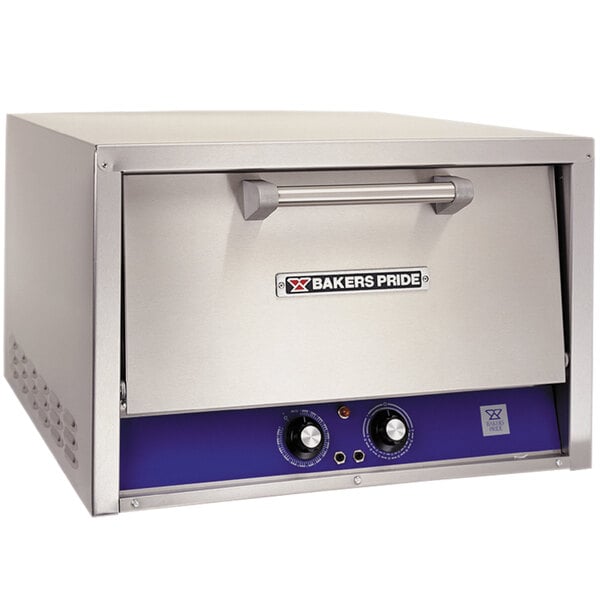 A stainless steel Bakers Pride countertop pizza oven with blue controls.