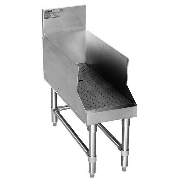 A stainless steel Eagle Group recessed bar drainboard with a metal shelf.