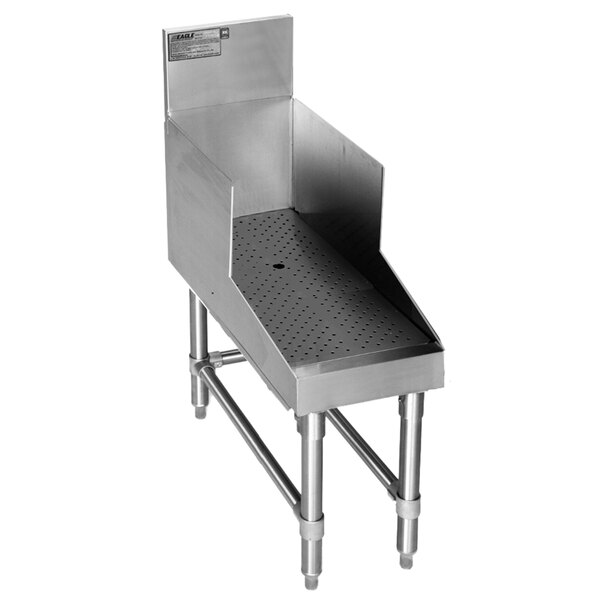 A stainless steel Eagle Group recessed bar drainboard with a metal shelf and holes over a sink.