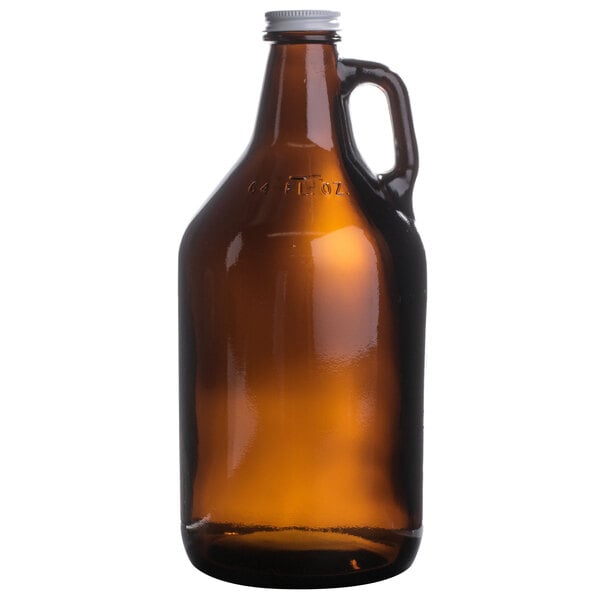 A brown glass Libbey growler with a handle.