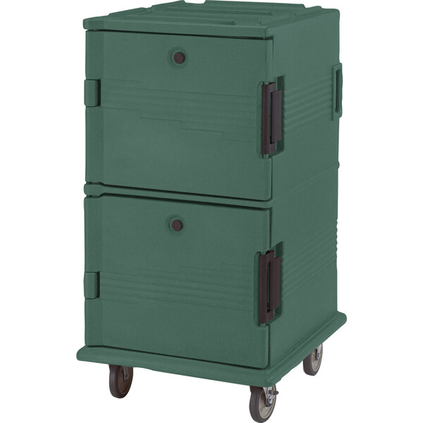 A green Cambro Ultra Camcart for food pans on wheels.