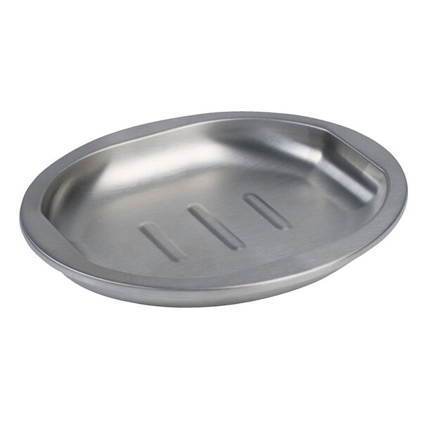A Focus Hospitality brushed stainless steel oval soap dish with four holes.