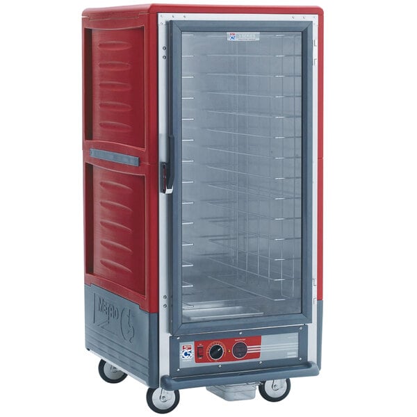 A red commercial holding cabinet with a clear door.