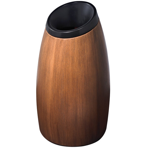 A brown wooden Commercial Zone waste receptacle with a black lid.