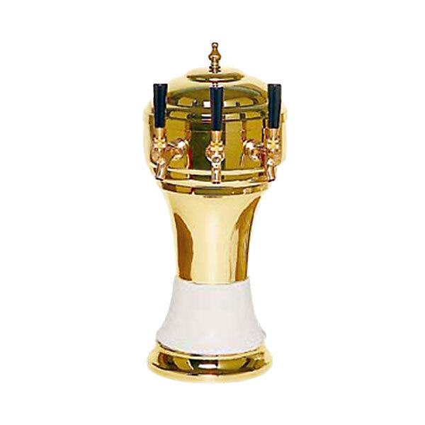 A gold and white Micro Matic Zeus brass beer dispenser with three taps on a white background.