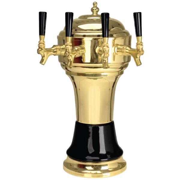 A Micro Matic Zeus brass and black beer dispenser with four taps.