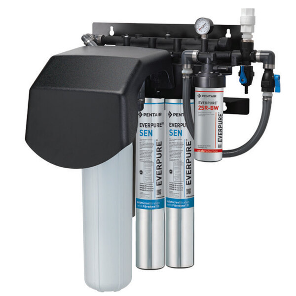 An Everpure water filtration system with silver and black tubes.
