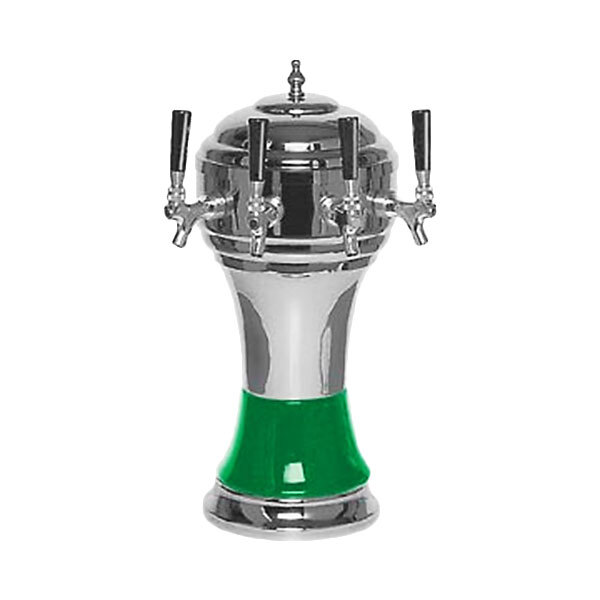 A silver and green Micro Matic Zeus beer tap tower with green faucet handles.
