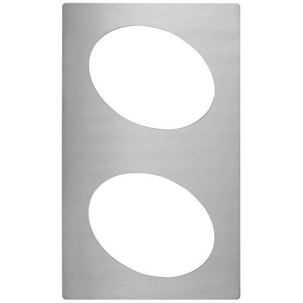 A stainless steel adapter plate with two small oval holes.