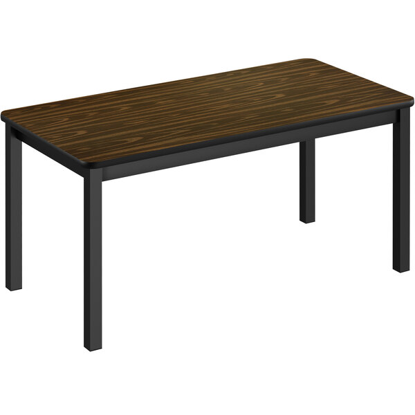 A brown rectangular Correll library table with black legs.
