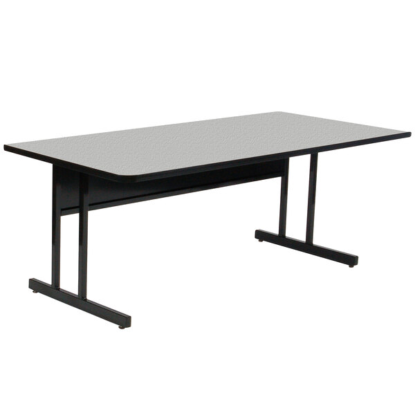 A rectangular Correll table with a gray granite top and black base.