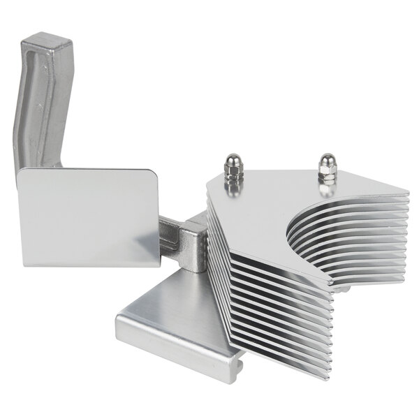A Garde tomato slicer pusher head assembly with metal plates and a metal beam.