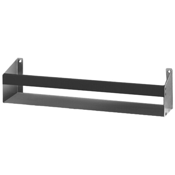 A black metal shelf with two long rectangular holes.
