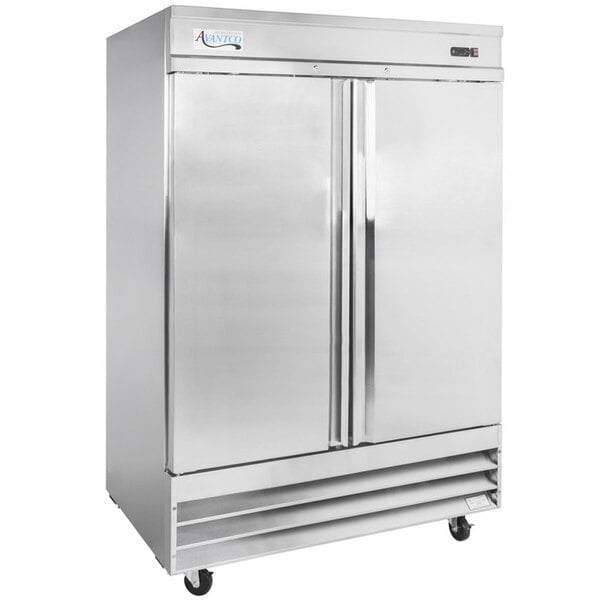 An Avantco stainless steel reach-in refrigerator with two doors.