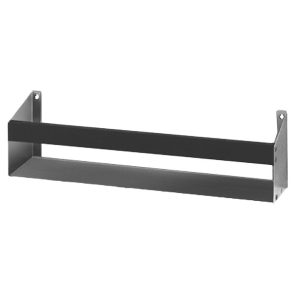 A stainless steel speed rail with a black rectangular shelf with black metal bars.