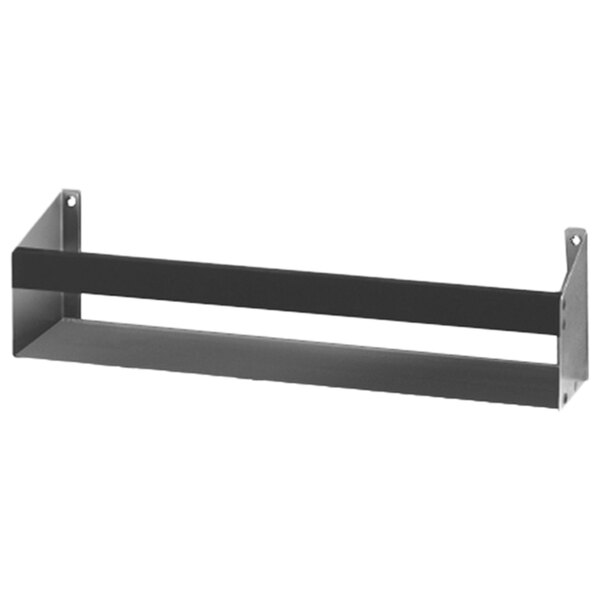 A black metal shelf with two tiers and two holes on it.