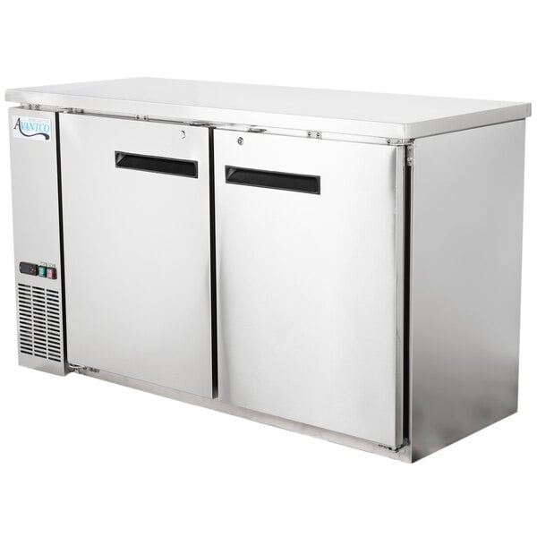 Two Avantco stainless steel back bar refrigerators with open solid doors.