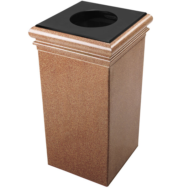 A brown rectangular Commercial Zone StoneTec waste receptacle with a black lid.
