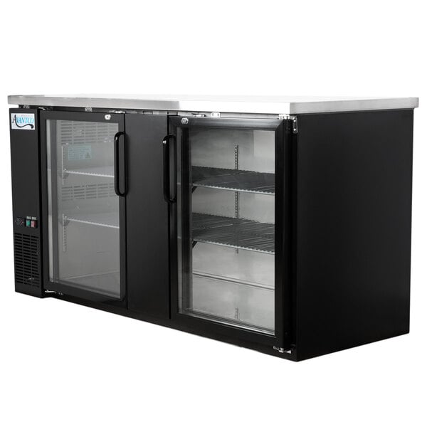 An Avantco black back bar refrigerator with glass doors.